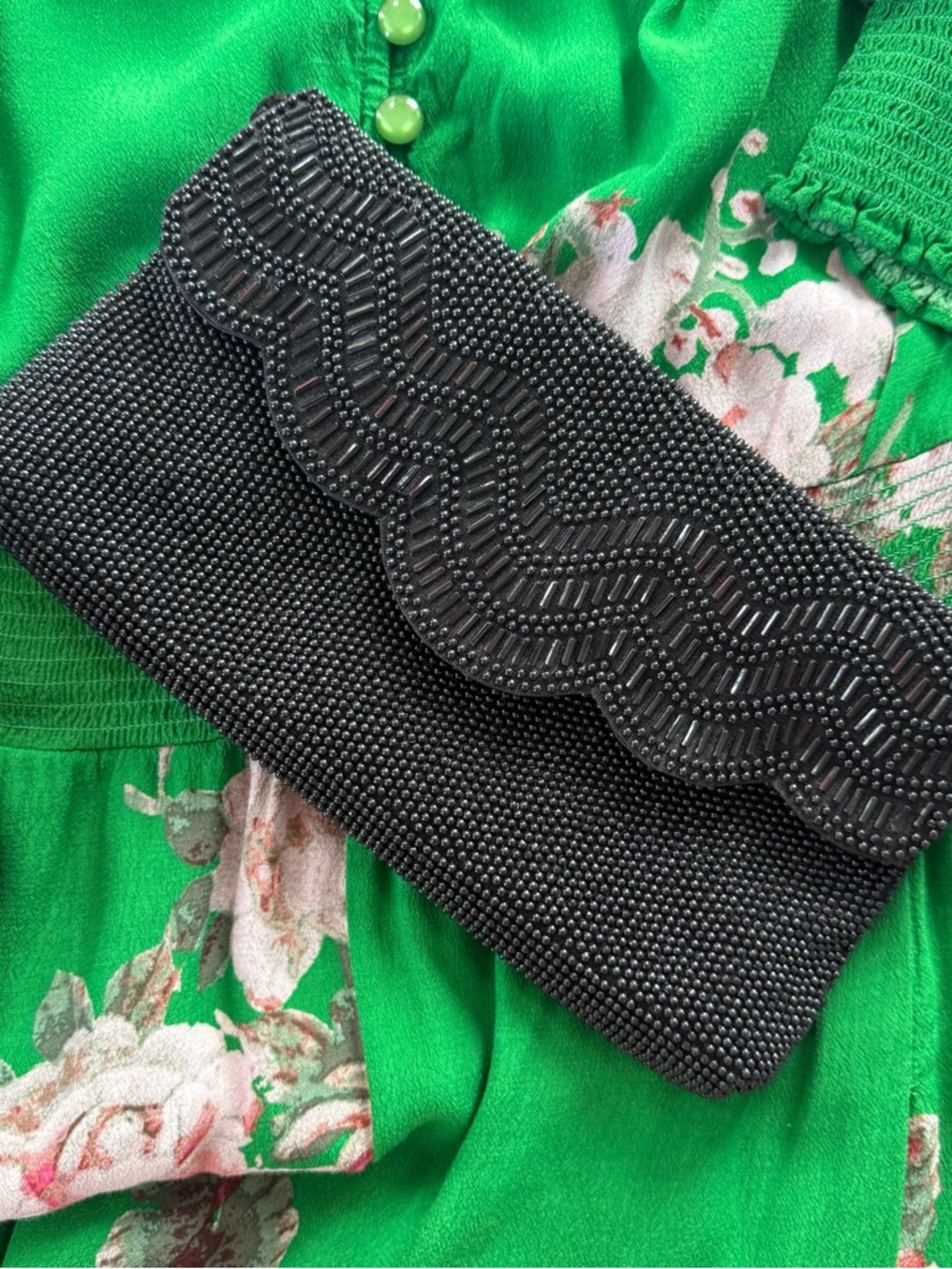 Vintage Black Beaded Clutch Scalloped Art Deco Evening Bag Anthropologie Style